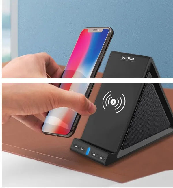 Black multifunction Bluetooth speaker with wireless charging surface and integrated phone stand