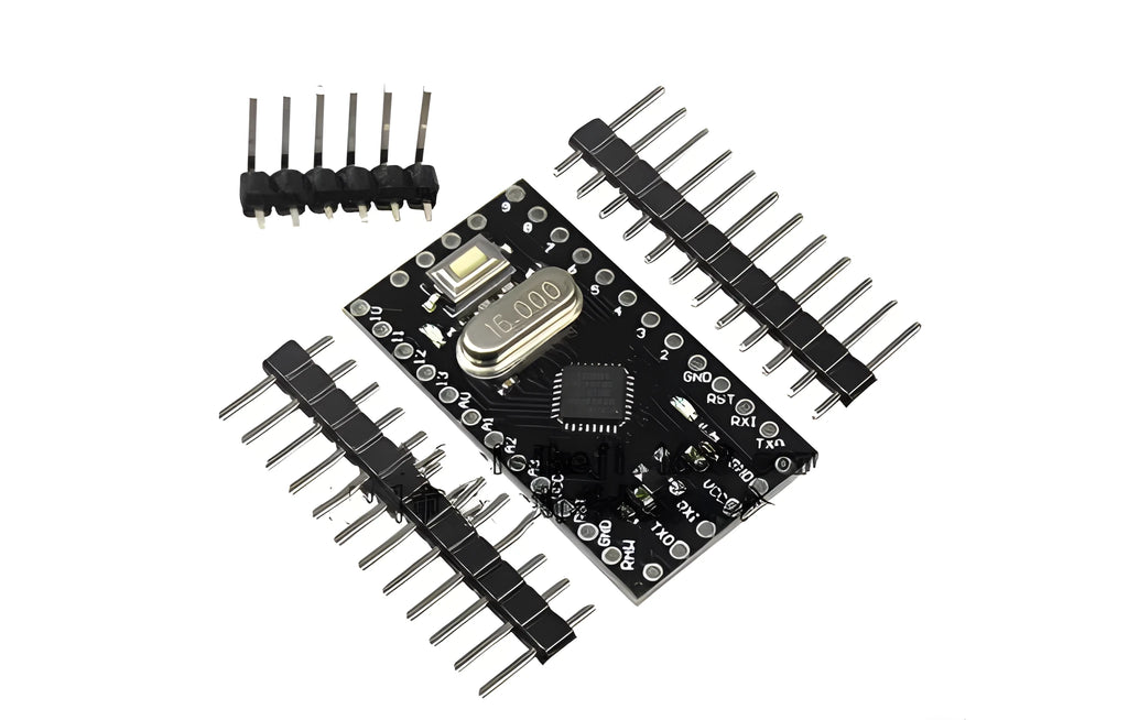 Mini Pro Atmega328P microcontroller development board measuring 33.3mm by 18.0mm