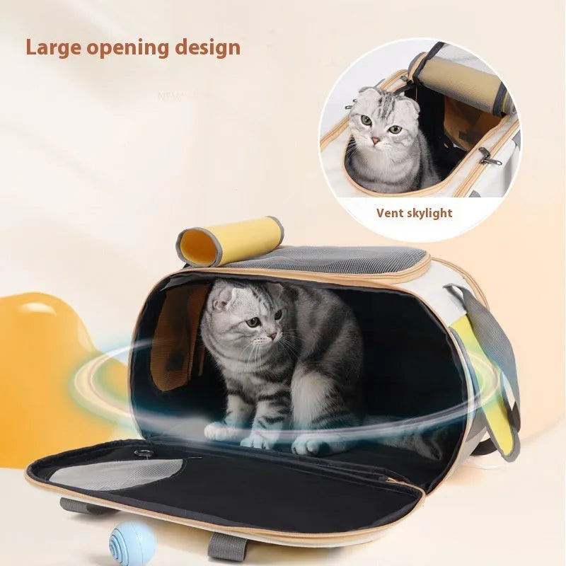 Yellow foldable canvas pet carrier backpack shown from the side.