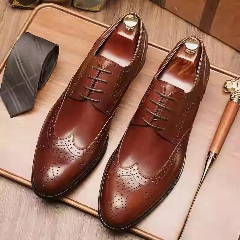 Men's British brogue leather formal shoes with carved patterns and pointed toe in six colour options