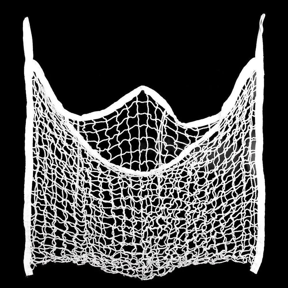 Woven grid horse feeding bag made from PE rope in black colour showing hanging design