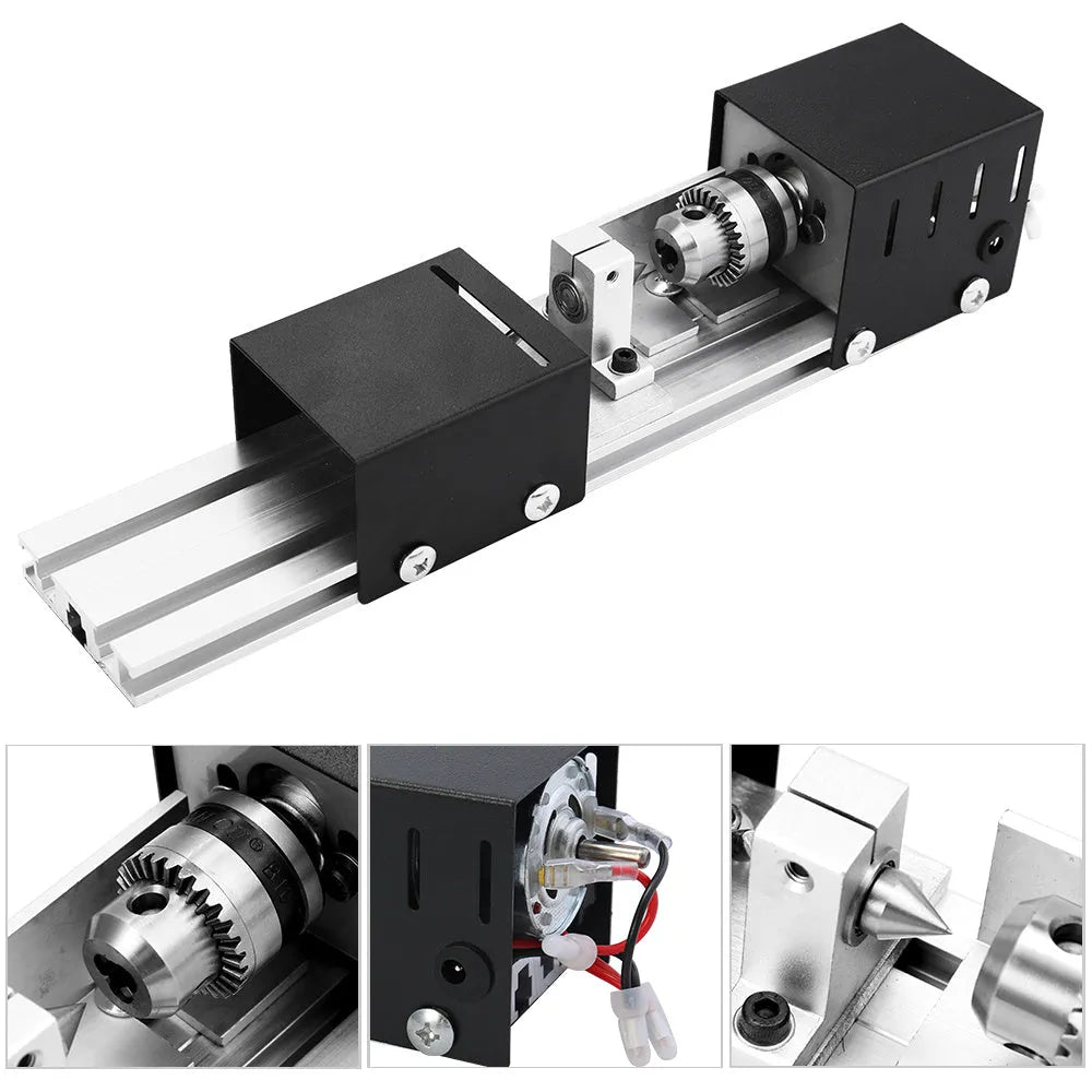 Mini silver metal woodworking lathe with carving knives and accessories for manual turning