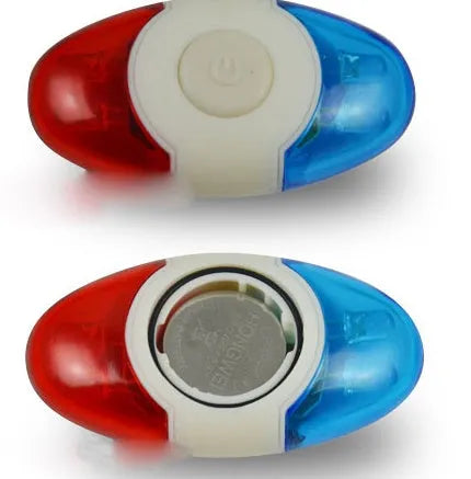 Red and blue LED tail light with adjustable mounting base shown in use.