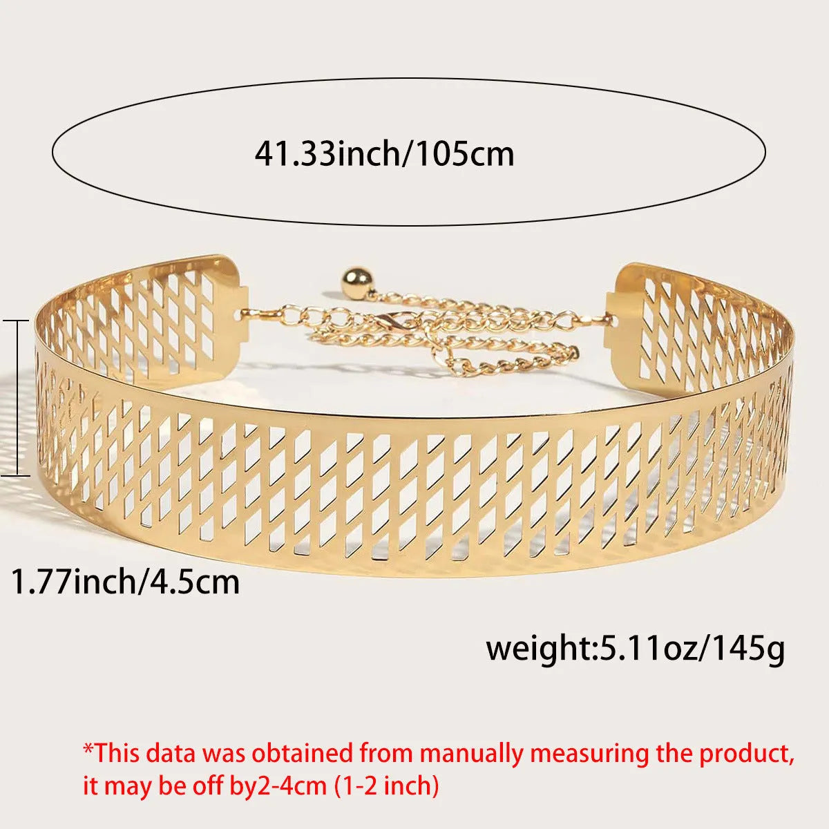 Gold iron waist belt with lantern head design and punching net flower pattern, 4.5cm wide