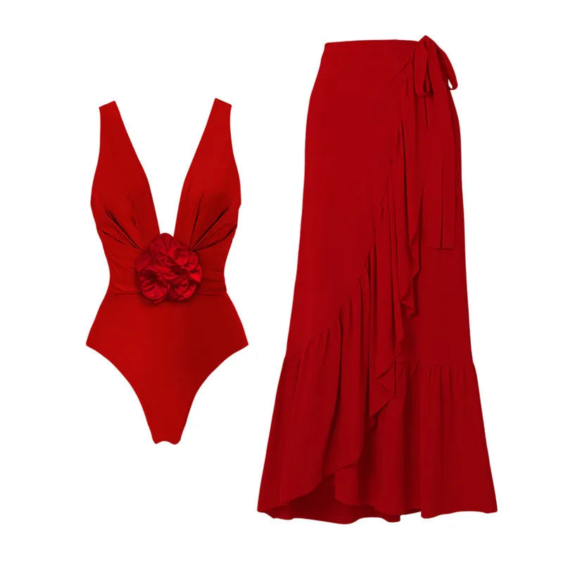 Red women's V-neck one-piece swimsuit with detachable flower and separate skirt piece