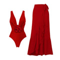Red women's V-neck one-piece swimsuit with detachable flower and separate skirt piece