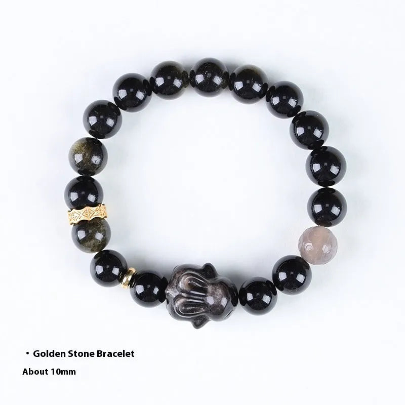 Handmade lying rabbit charm obsidian bracelet with grey agate beads in 8mm and 10mm sizes.