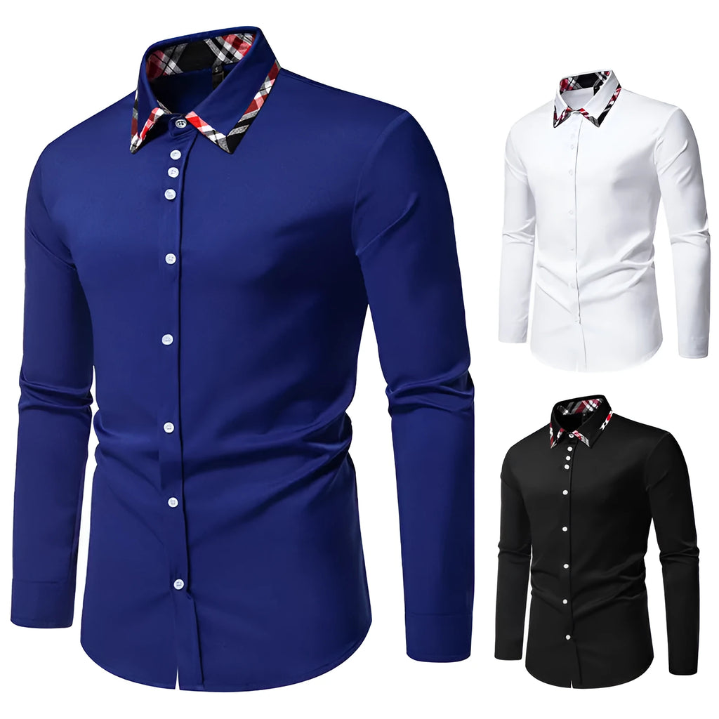 Men's long sleeve casual shirt with triangle collar and plaid pattern in polyester blend fabric