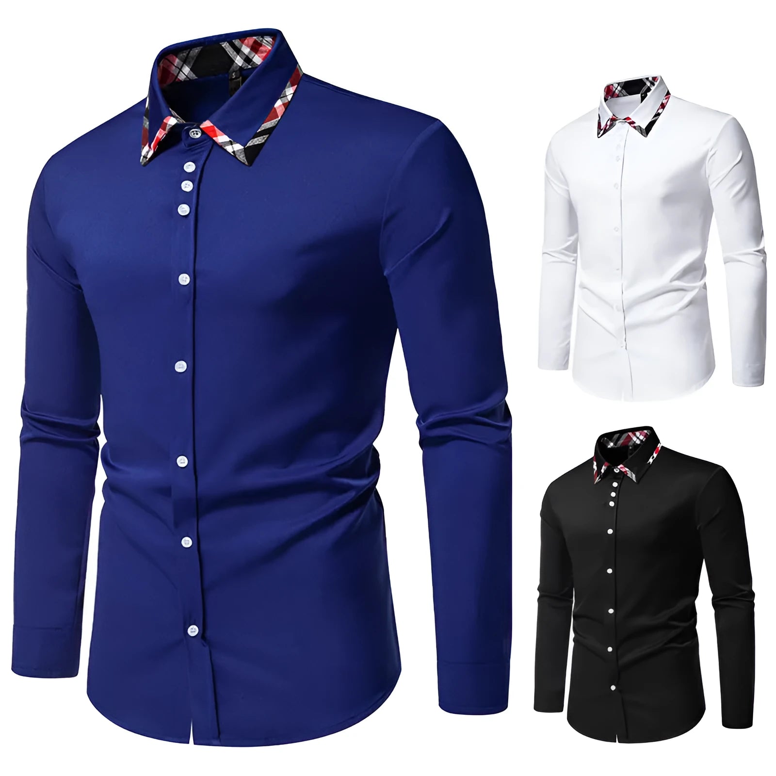 Men's long sleeve casual shirt with triangle collar and plaid pattern in polyester blend fabric