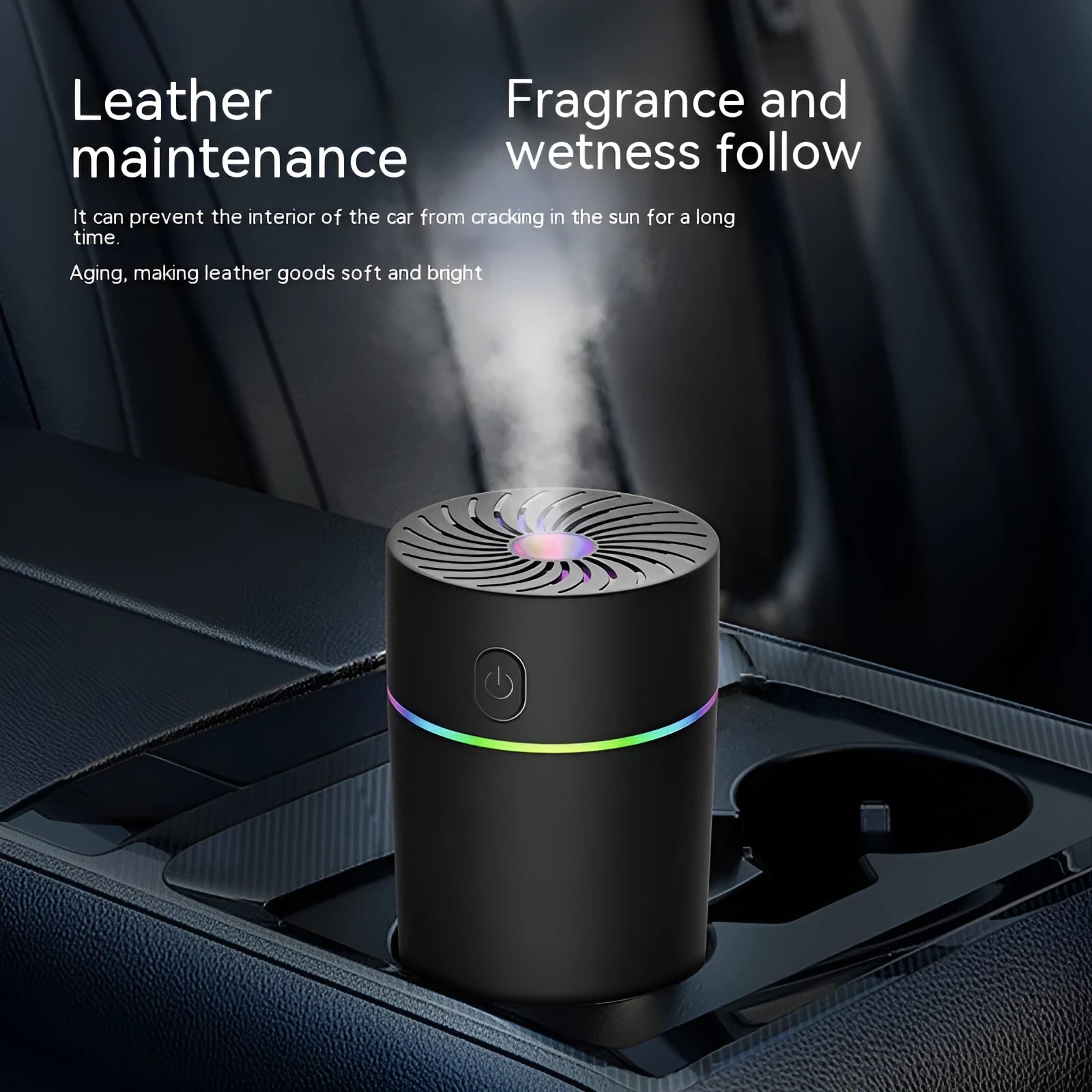 Compact black car USB humidifier with aromatherapy function placed in a vehicle cup holder.