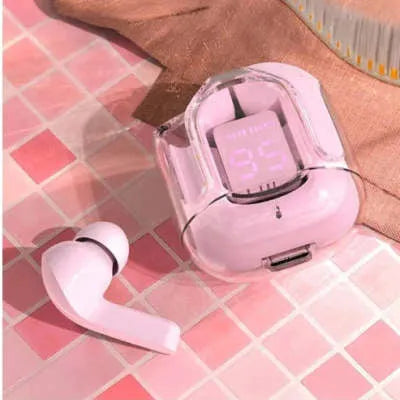 Transparent space capsule case true wireless Bluetooth headset in black, white, light blue, green, or peach colours