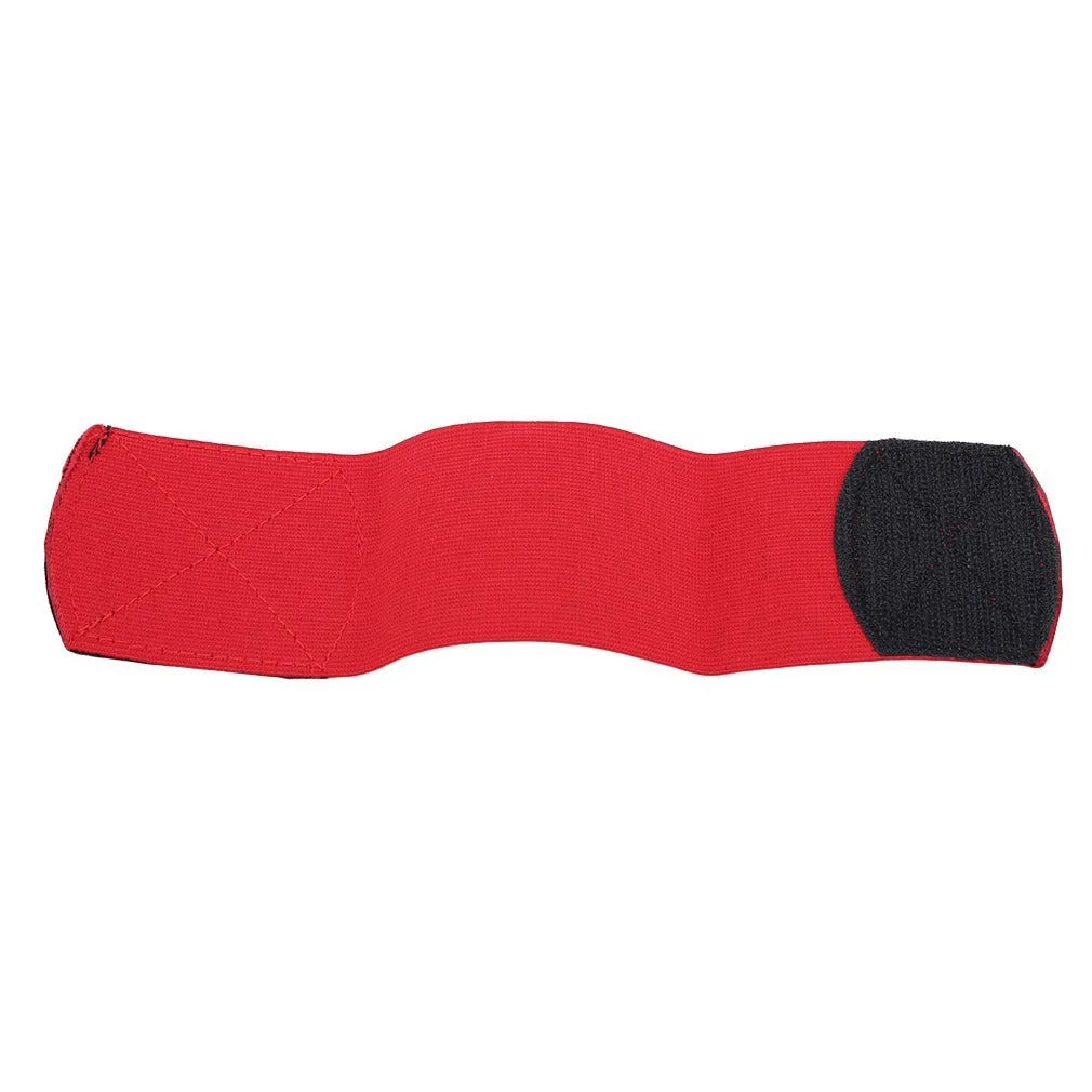 Red elastic rubber strap for securing football shin guards, shown next to shin pad