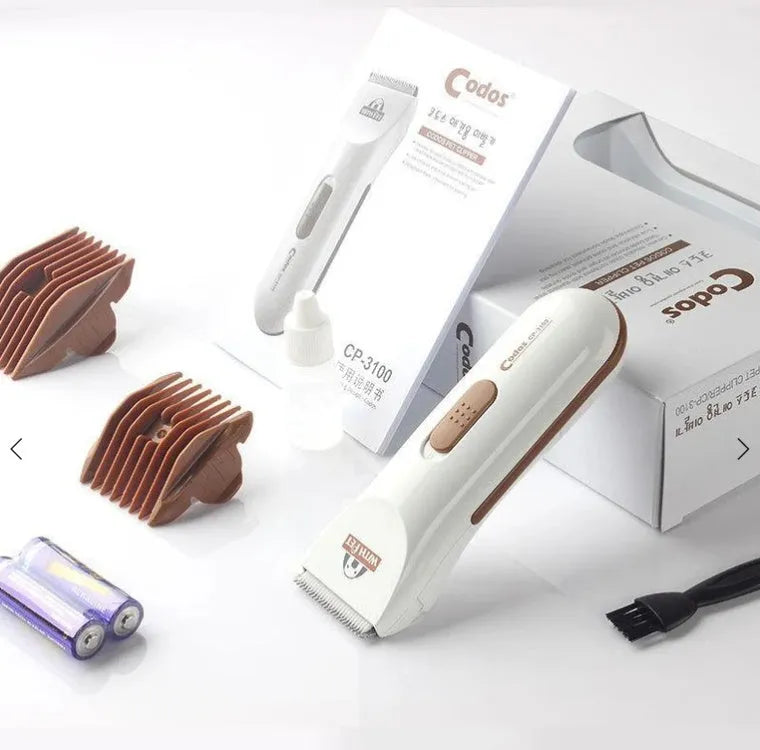 White battery-operated pet clipper with ceramic blade for dog and cat grooming
