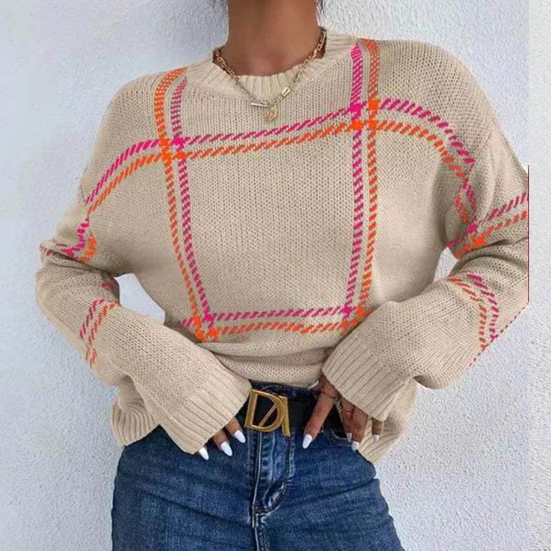 Women's plaid colour-block acrylic sweater with crew neck and regular sleeves in medium thickness