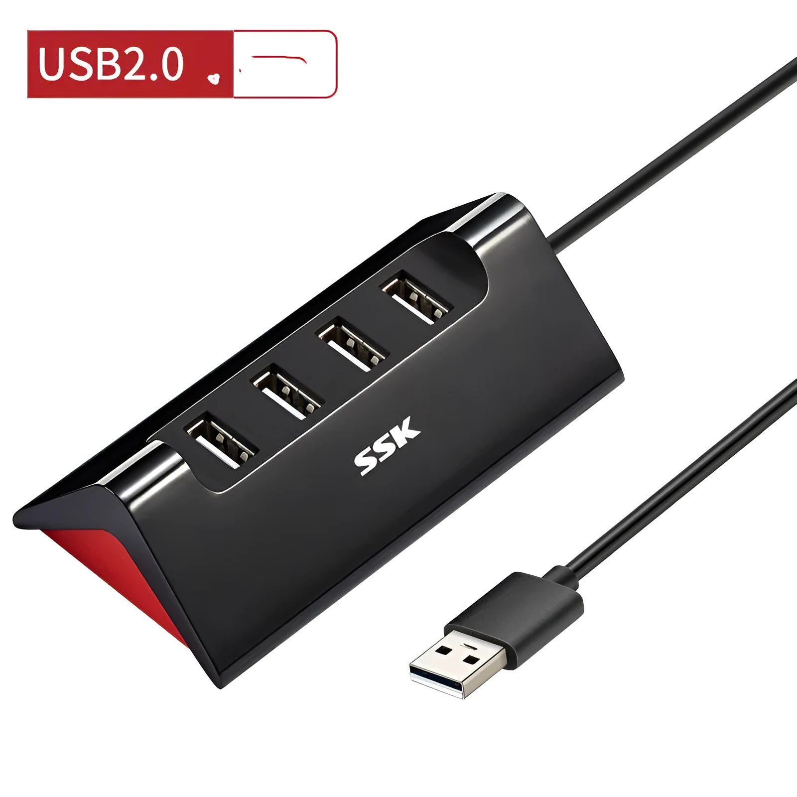 Black ABS plastic USB expansion hub with 4 ports and a Micro USB power port, shown with a connecting cable.