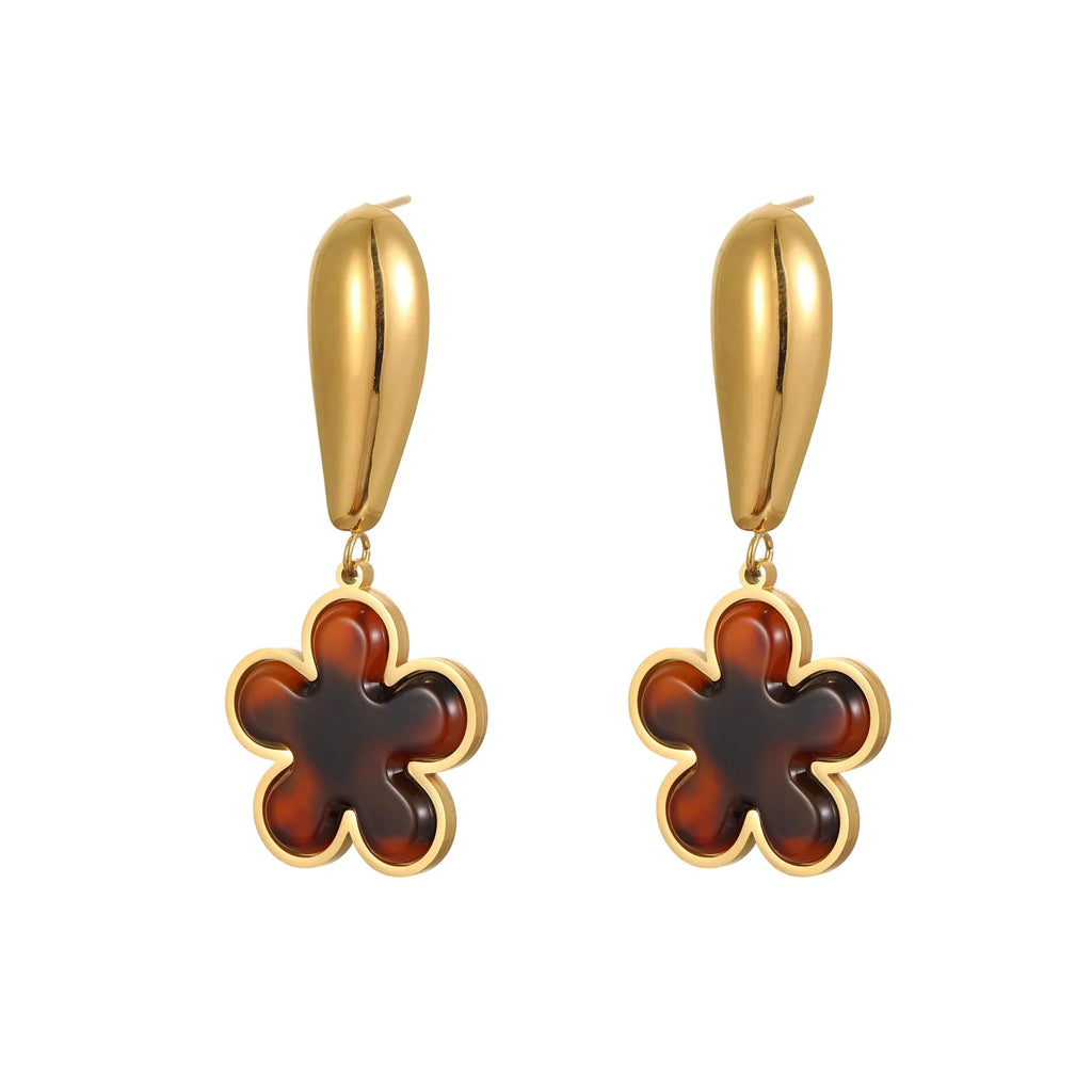 Women's stainless steel earrings with tortoiseshell resin hawksbill colour in heart-shaped or flower geometric designs
