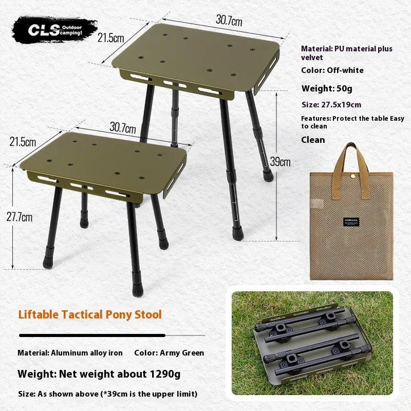 CLS aluminium folding camping stool with PU mat cushion, shown converted into a small side table.