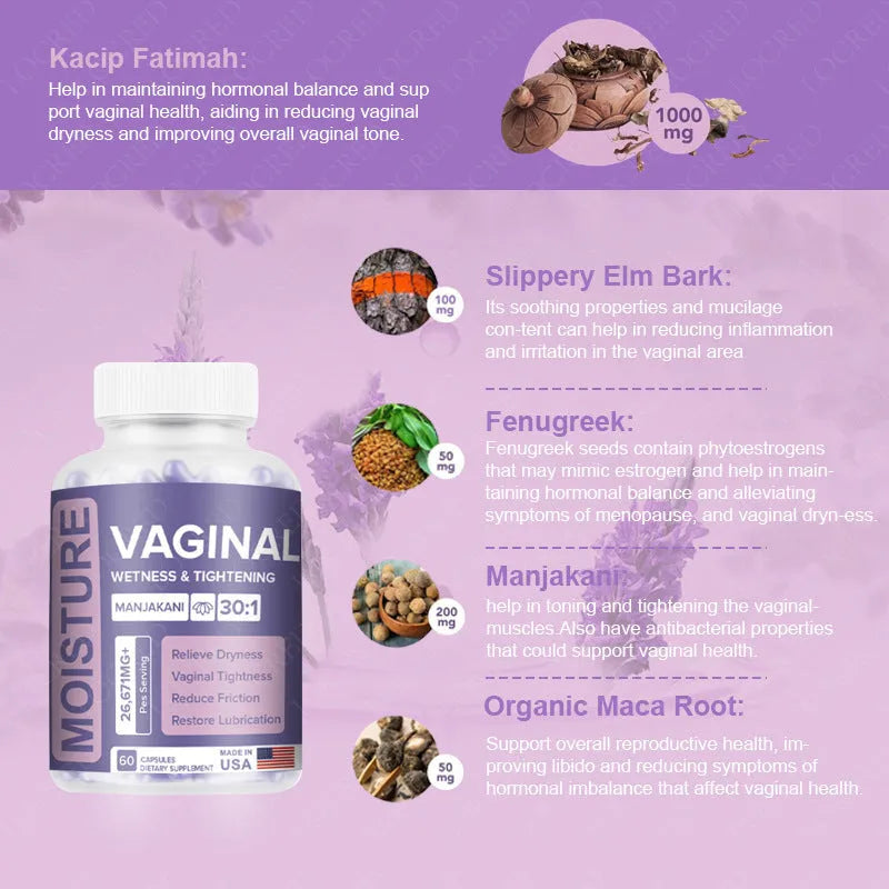 Bottle of 60 vaginal capsules with plant extract formulation for women's reproductive health