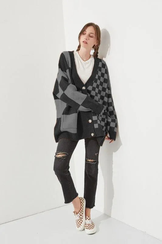 Printed checks loose slim fit cardigan in polyester spandex fabric available in six colours