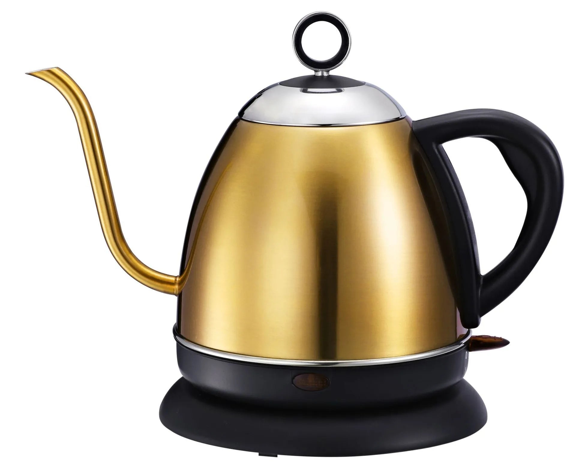 Gold full-automatic stainless steel kettle with touch control panel on a kitchen counter.