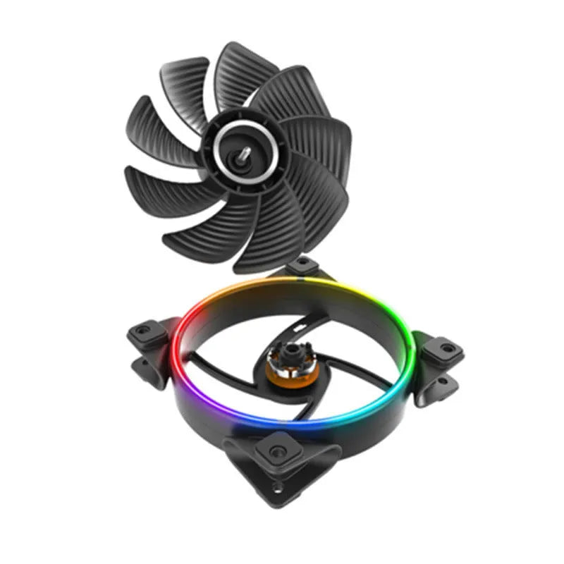 Three black 120mm RGB cooling fans for a PC case, showing illuminated blades.