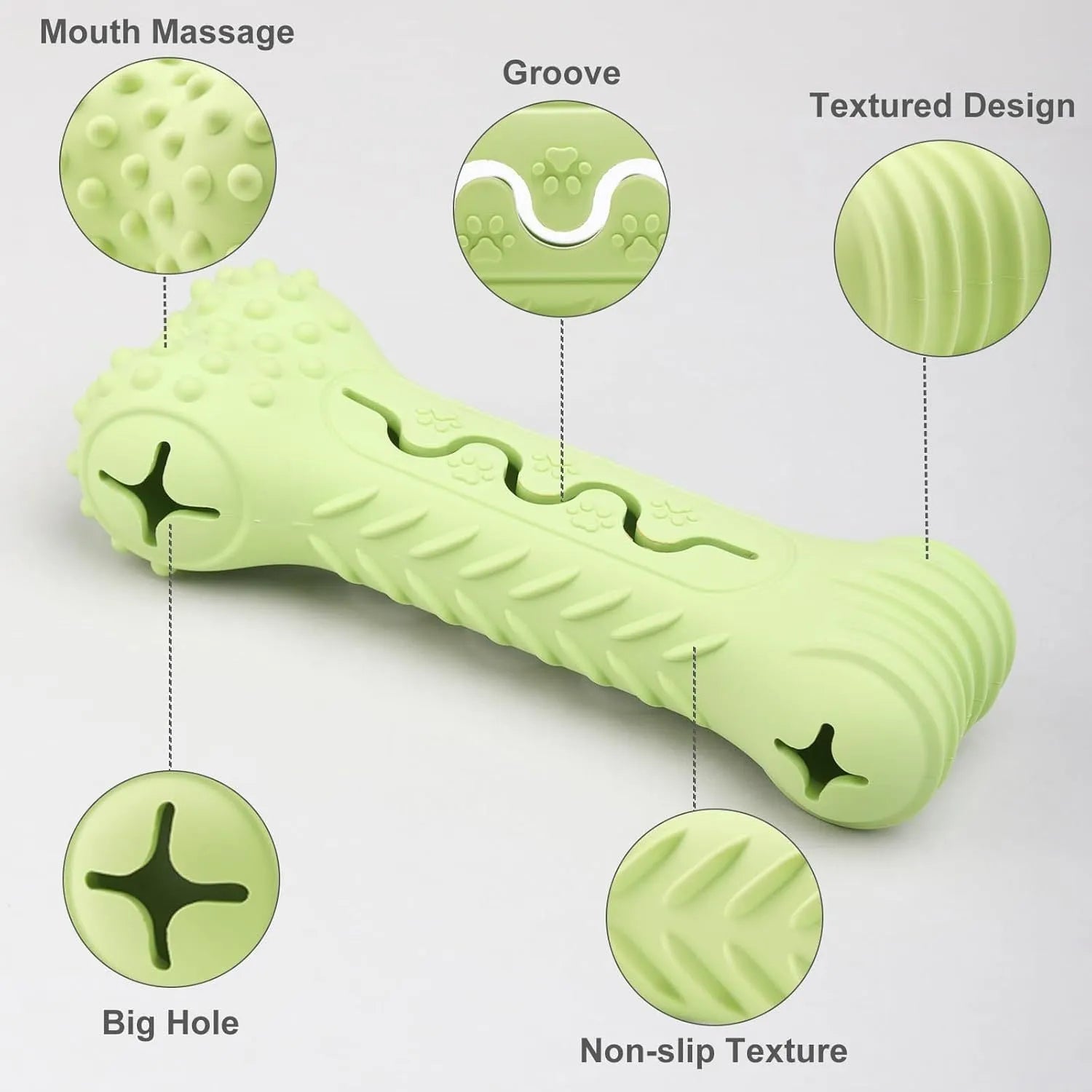Natural rubber bone-shaped dog chew toy for aggressive chewers in blue, green and orange colours