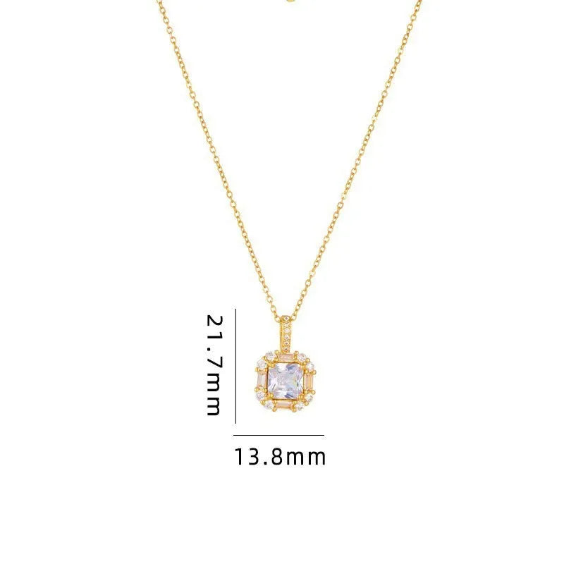Gold titanium steel clavicle necklace with quadrilateral zircon pendant on water wave chain
