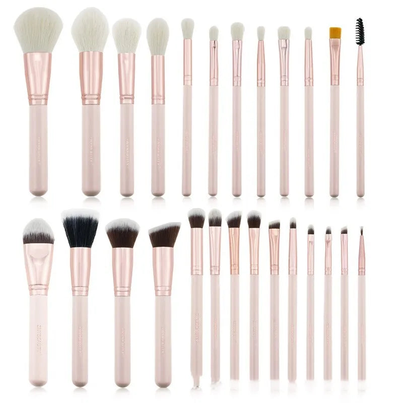 26 pink makeup brushes with wooden handles in a pink PU carry case