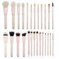 26 pink makeup brushes with wooden handles in a pink PU carry case