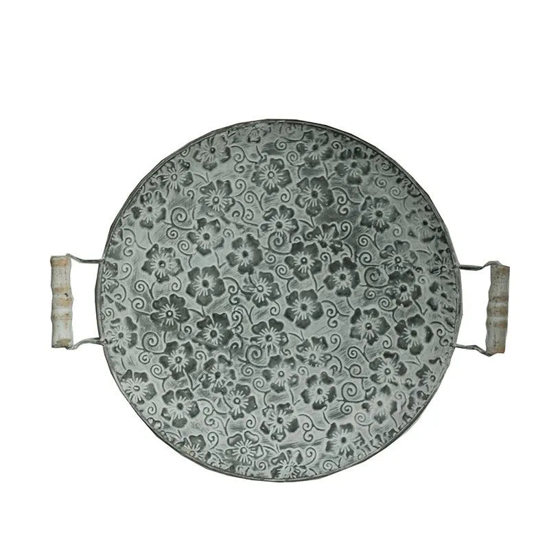 Round wrought iron metal storage tray with a belt design in European style.