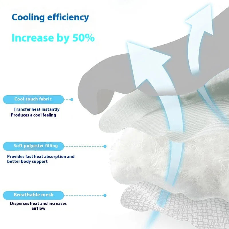 Ice silk dog cooling mat with dog head shape in light grey colour on a wooden floor