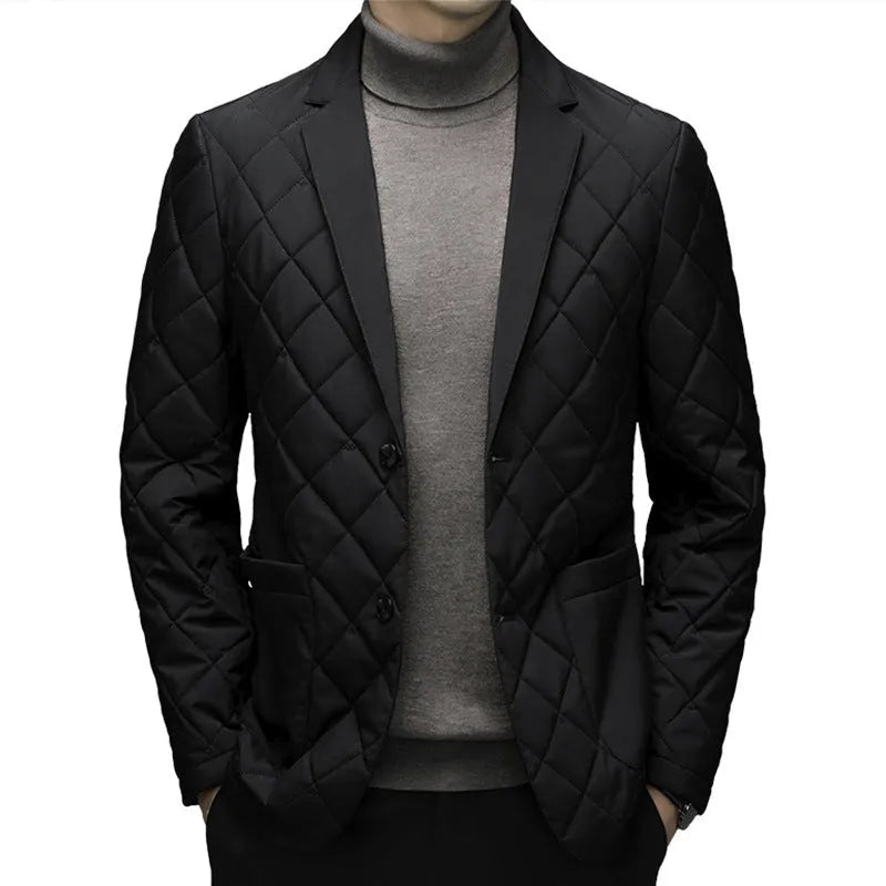 Men's lapel collar down jacket in black colour with side seam pockets