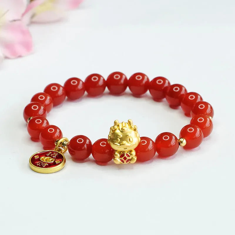Red agate dragon zodiac bracelet with 8mm round beads and adjustable knot closure