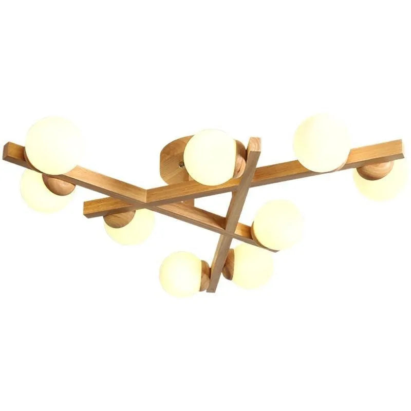 Wooden style ceiling lamp with three light heads in modern living room setting