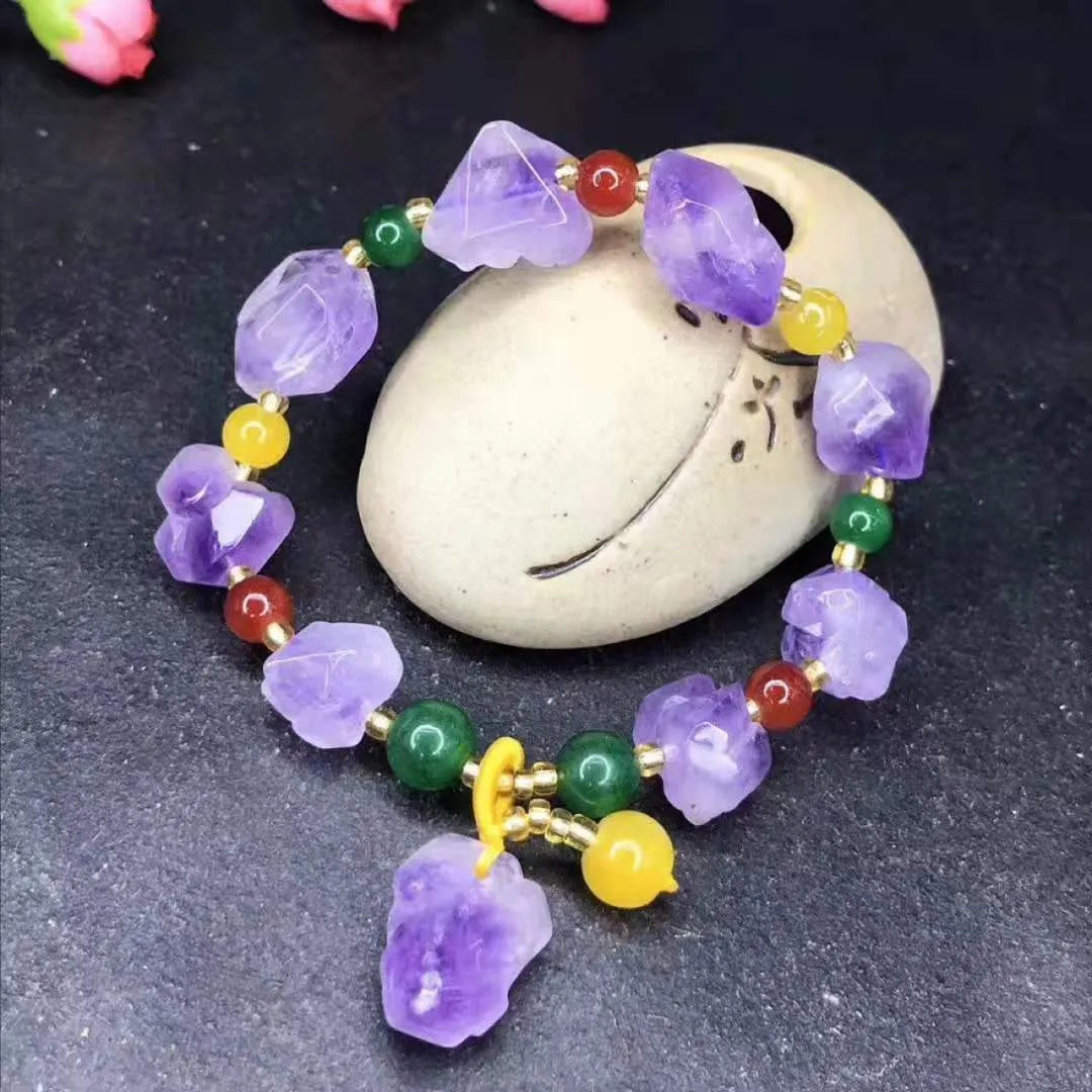 Natural shaped amethyst bead bracelet with fu character charm for women's romantic jewellery