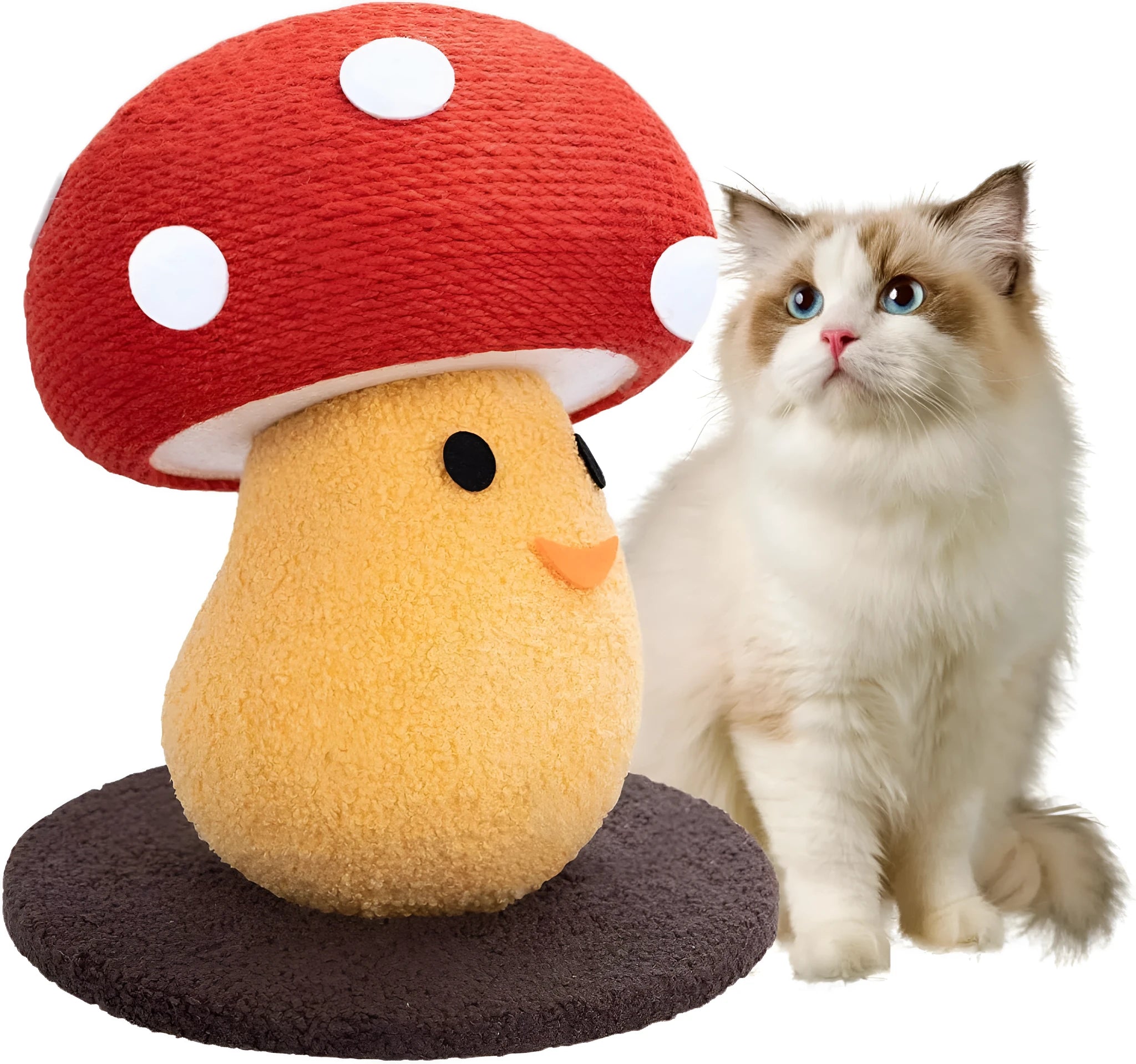 Foldable mushroom-shaped cardboard cat scratcher with accordion design on a floor