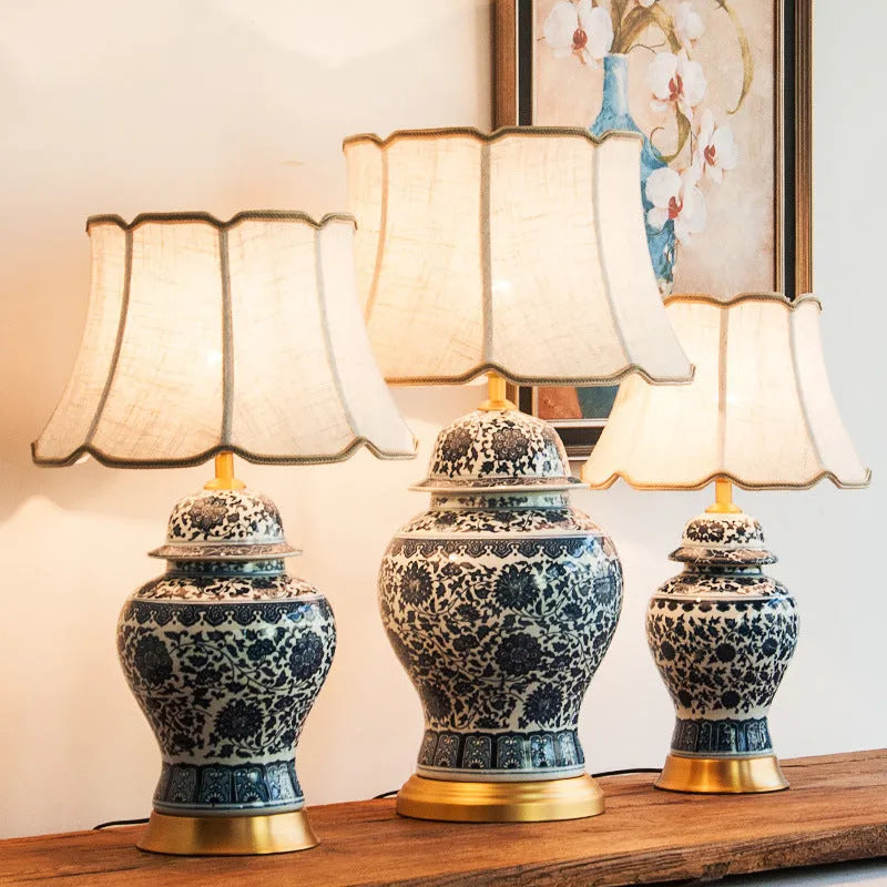 Chinese blue and white porcelain table lamp with handmade ceramic shade and copper base