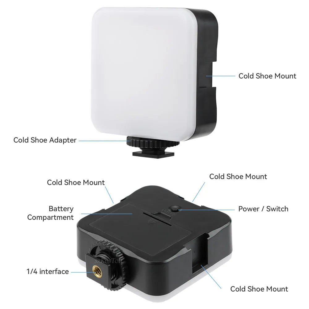 Square-shaped portable camera flash unit with adjustable head on mini tripod mount