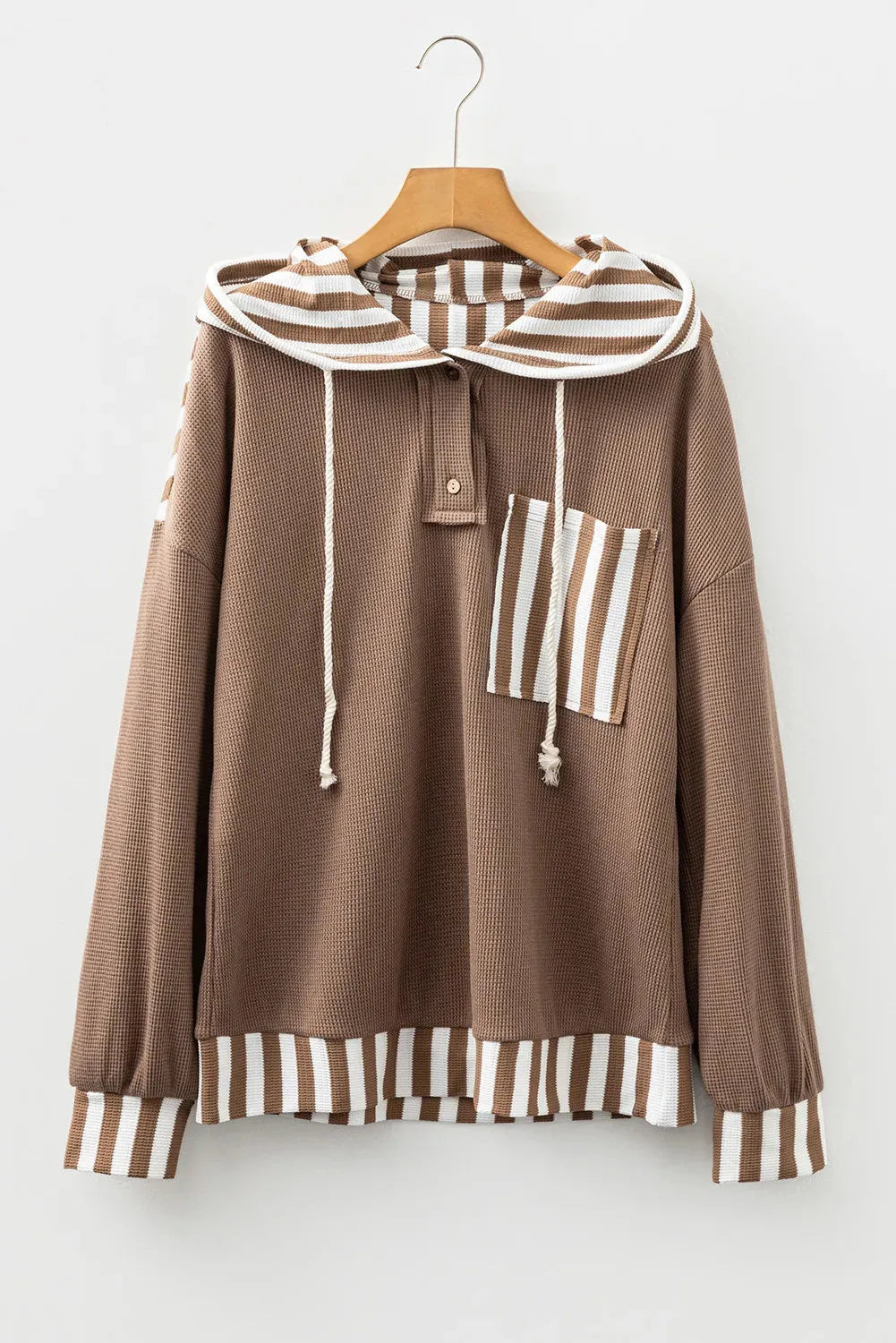 Straw yellow waffle texture striped patchwork button neck drawstring hoodie