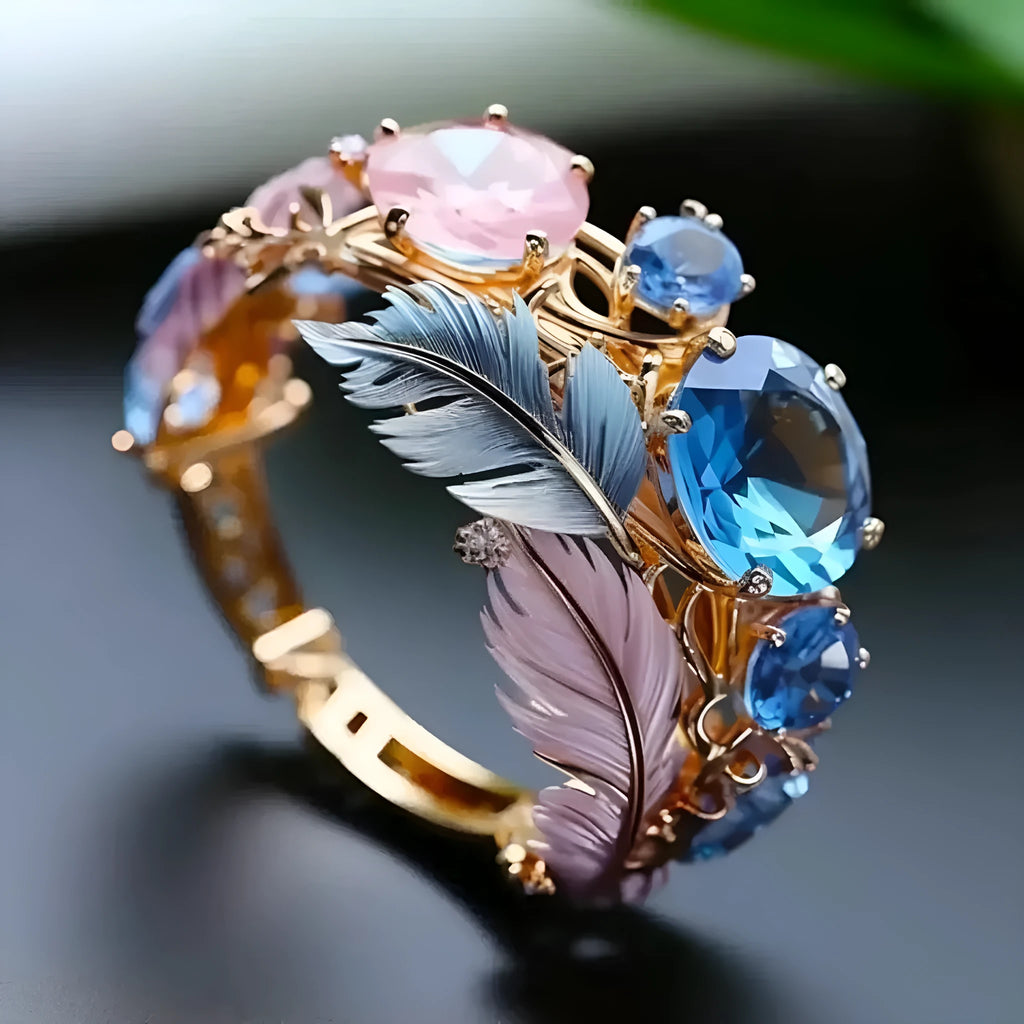 Gold colour brass ring with embossed colourful feather design and zircon stone inlay