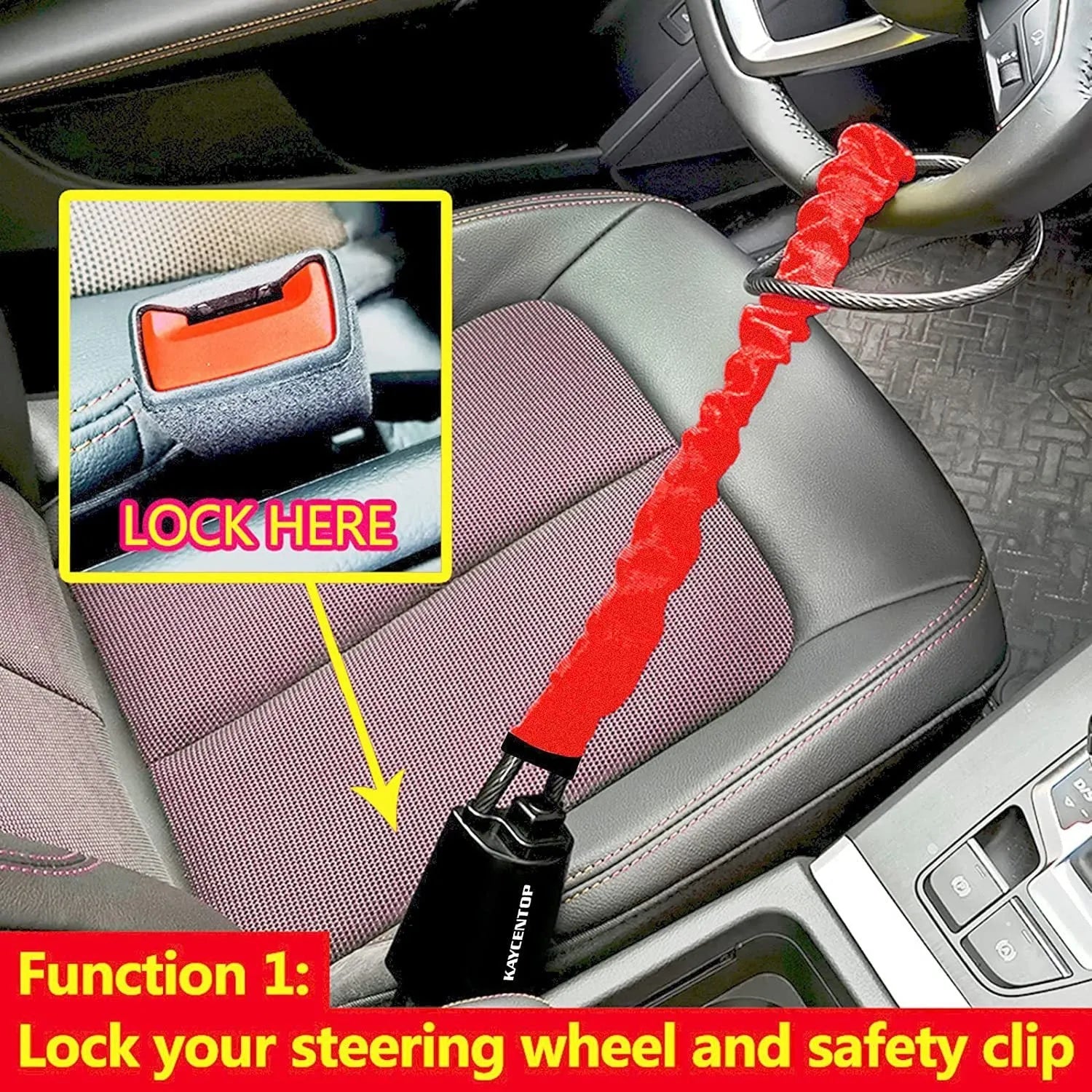 General Motors car steering wheel lock in red with iron construction and copper lock core measuring 33cm