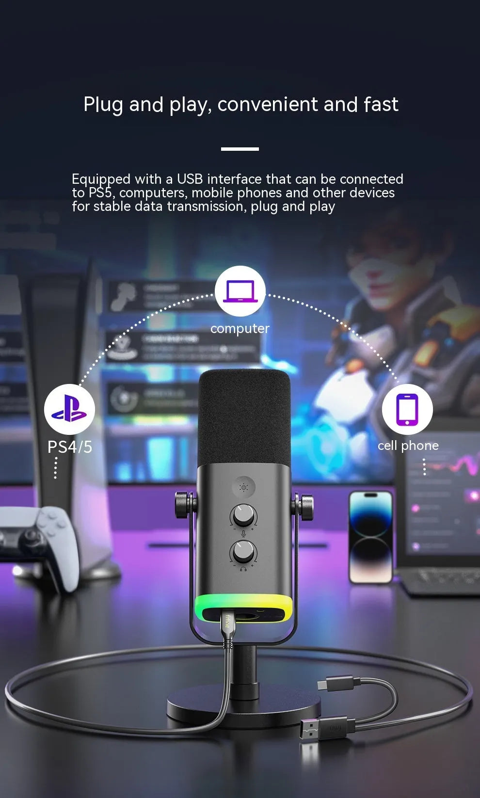 Dynamic cardioid microphone in black with USB-C cable, XLR cable, and adjustable desktop stand
