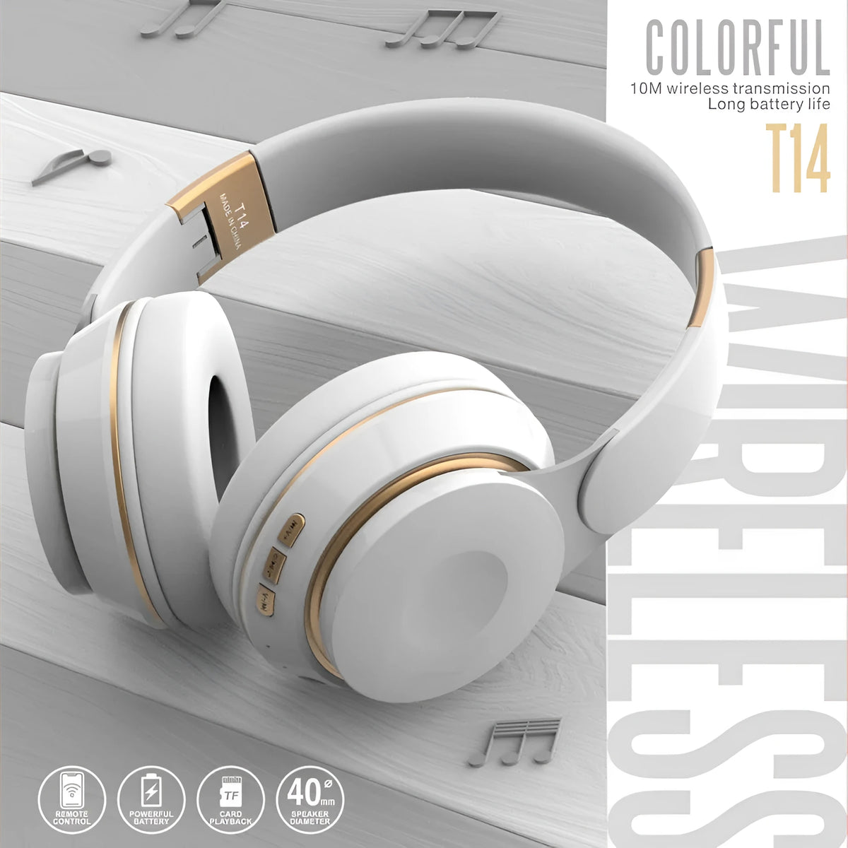 Foldable wireless Bluetooth headset shown in multiple colour options including black, white, green, blue, and pink