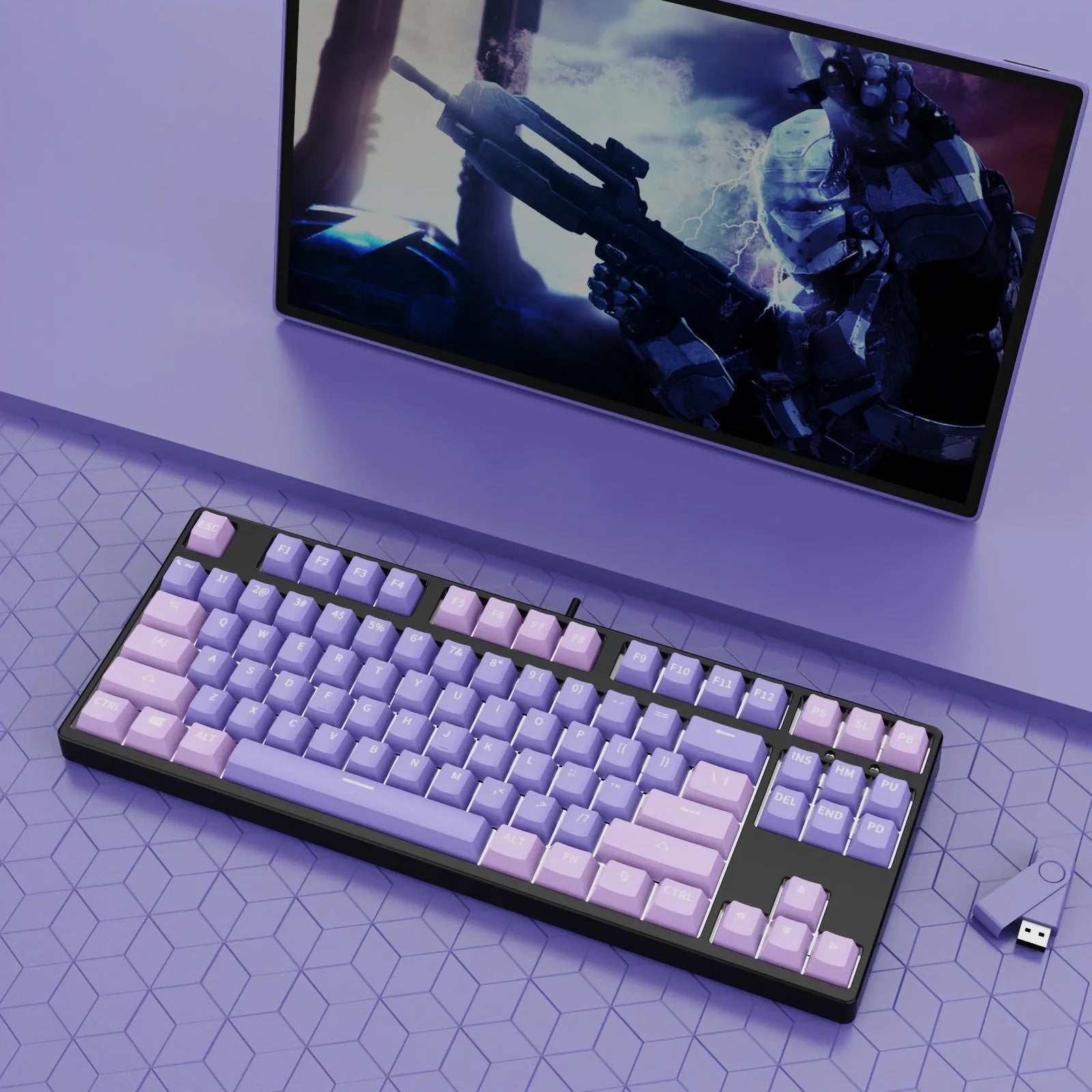 87-key wired mechanical gaming keyboard with multi-colour keycaps on a metal body.