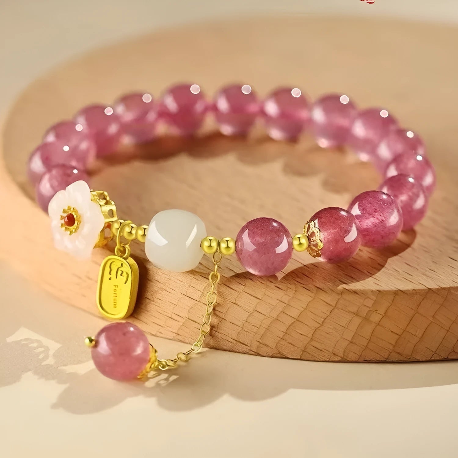 Hetian jade peach blossom strawberry quartz crystal bracelet with natural crystal design
