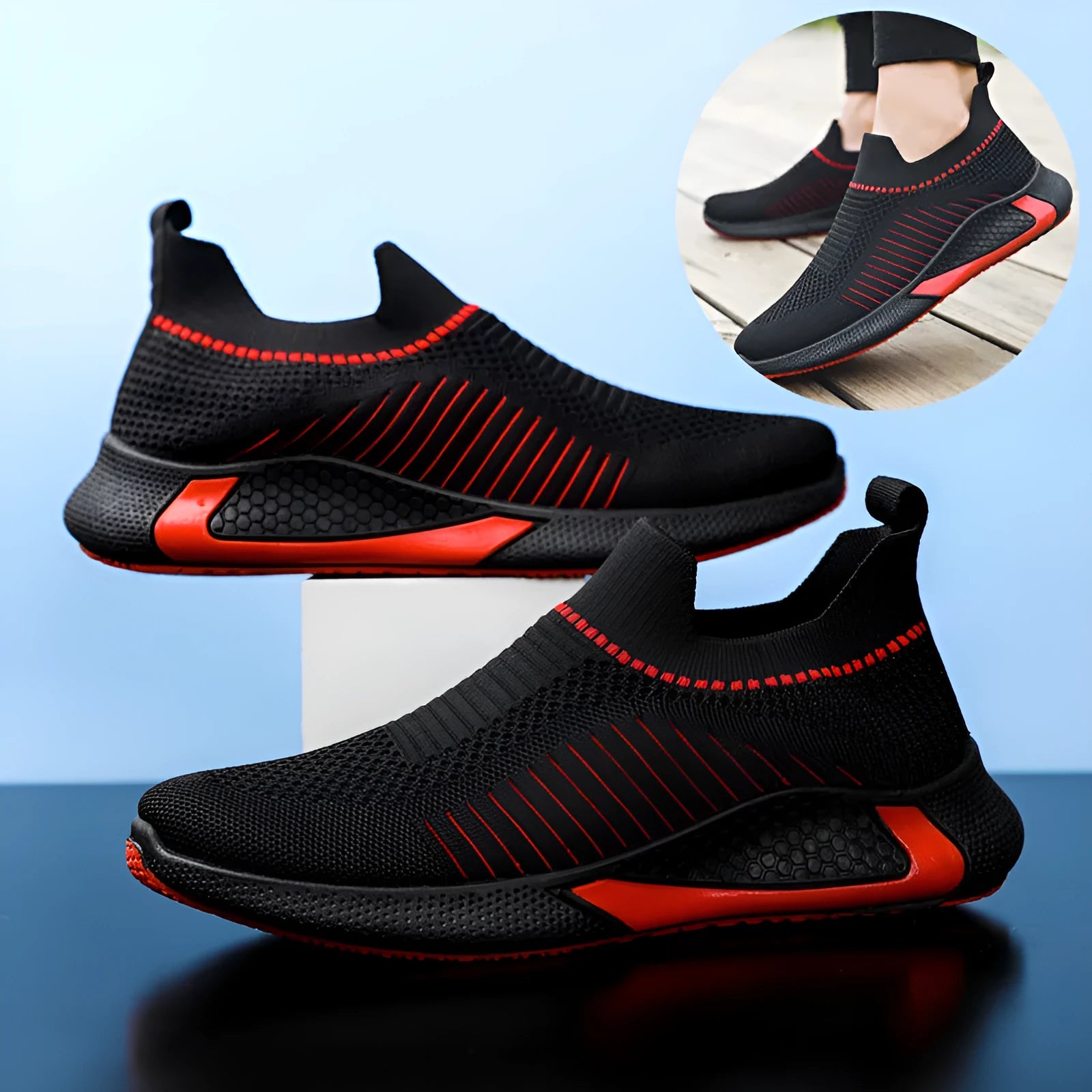 Men's mesh sock shoes with striped design, Flyknit upper, and lace-up front in black colour