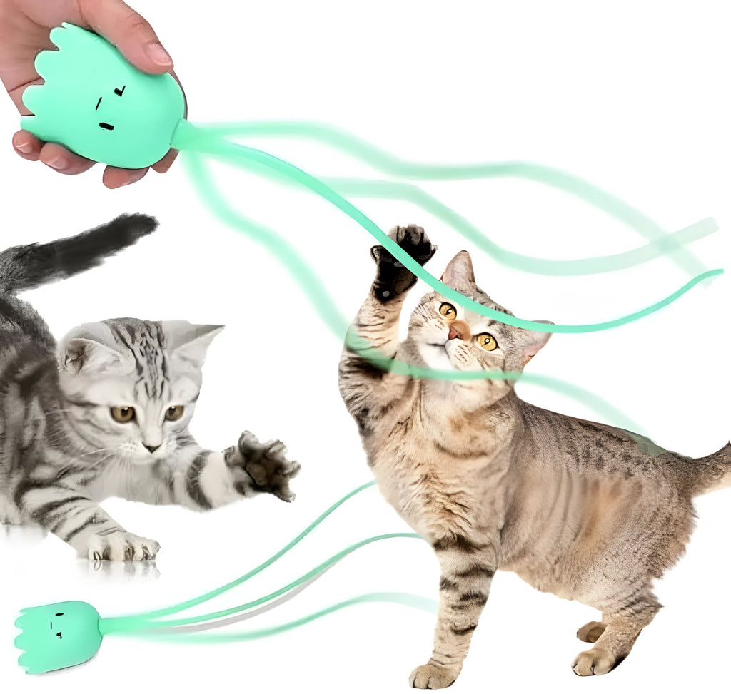 Electronic cat wand toy with swinging silicone tail for indoor cat play