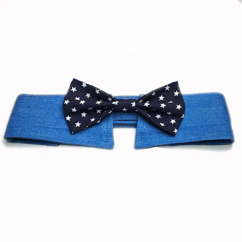 Denim dog collar with star pattern necktie adjustable for formal pet events