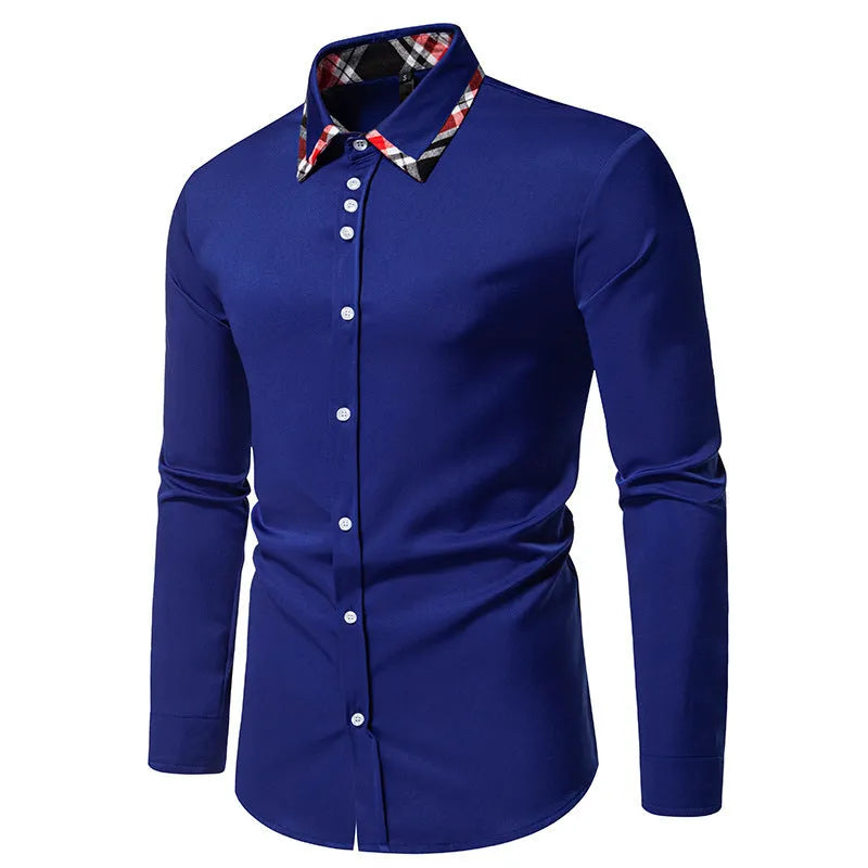 Men's long sleeve casual shirt with triangle collar and plaid pattern in polyester blend fabric