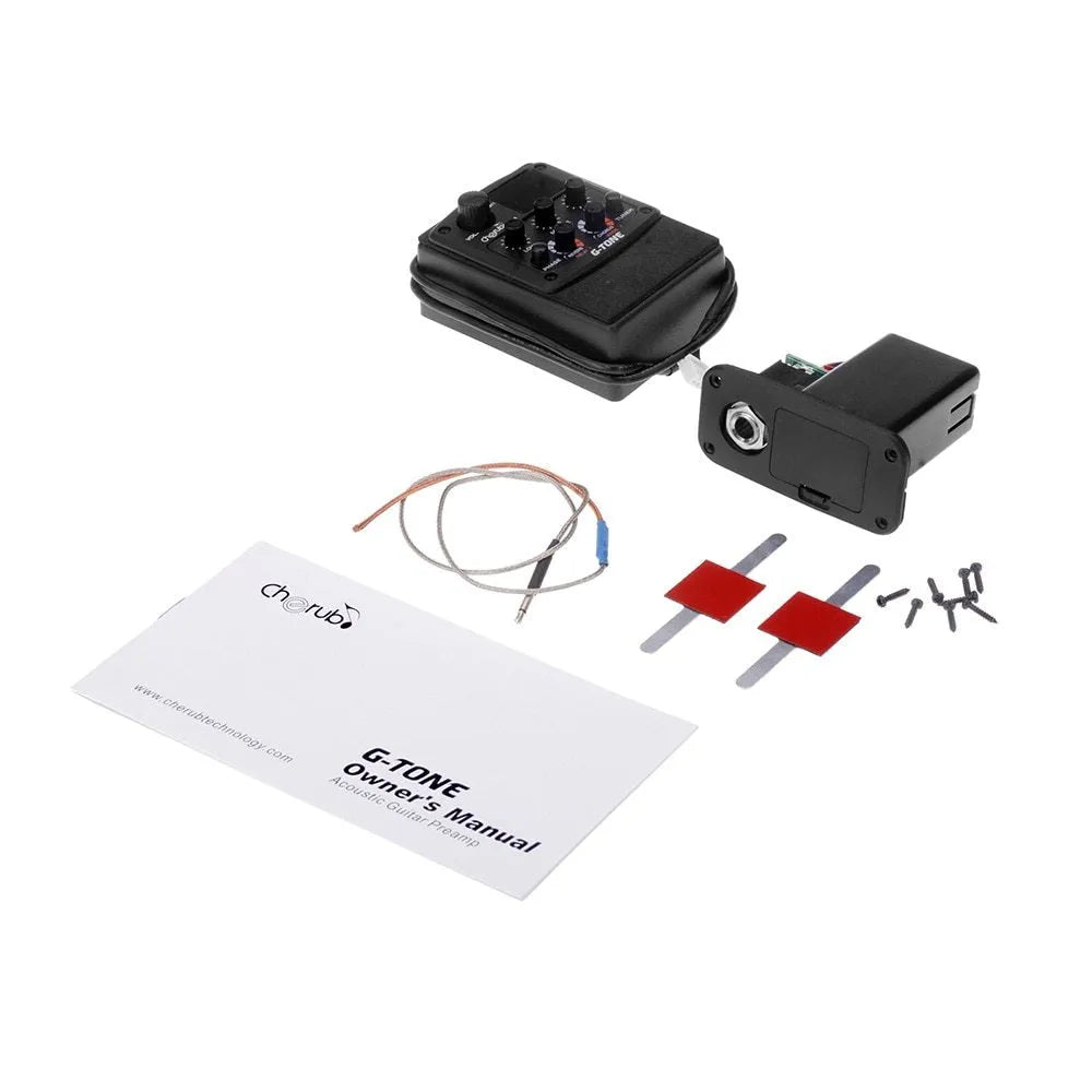 Cherub GT-6 black acoustic guitar EQ unit with piezo pickup and rotary controls for 3-band equaliser and effects